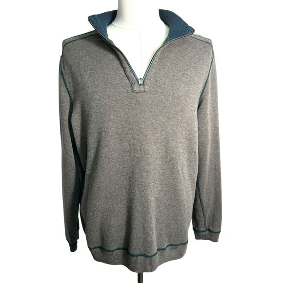 TOMMY BAHAMA Men Large 100% Cotton Blue Gray Reversible 1/4 Zip Pullover Sweater - Picture 1 of 9